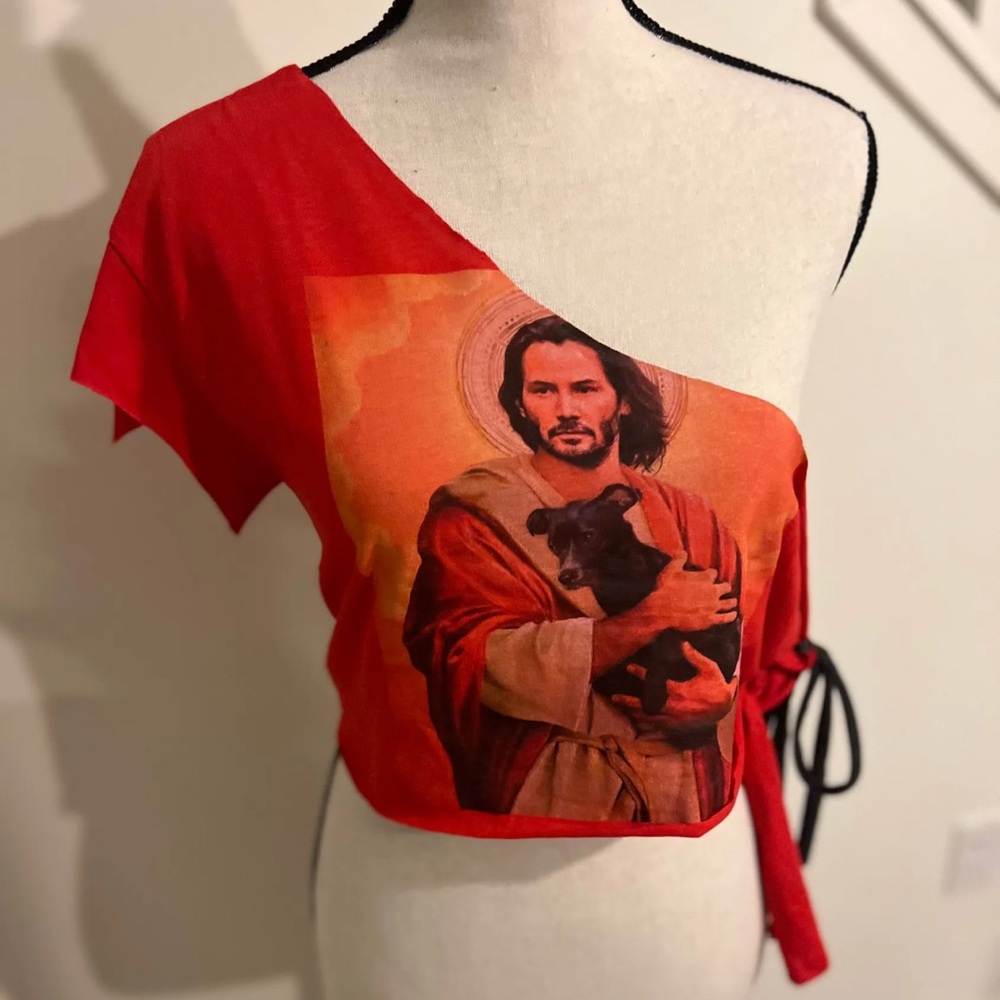 17.  Upcycled One Shoulder Keannu and Dog Graphic Shirt